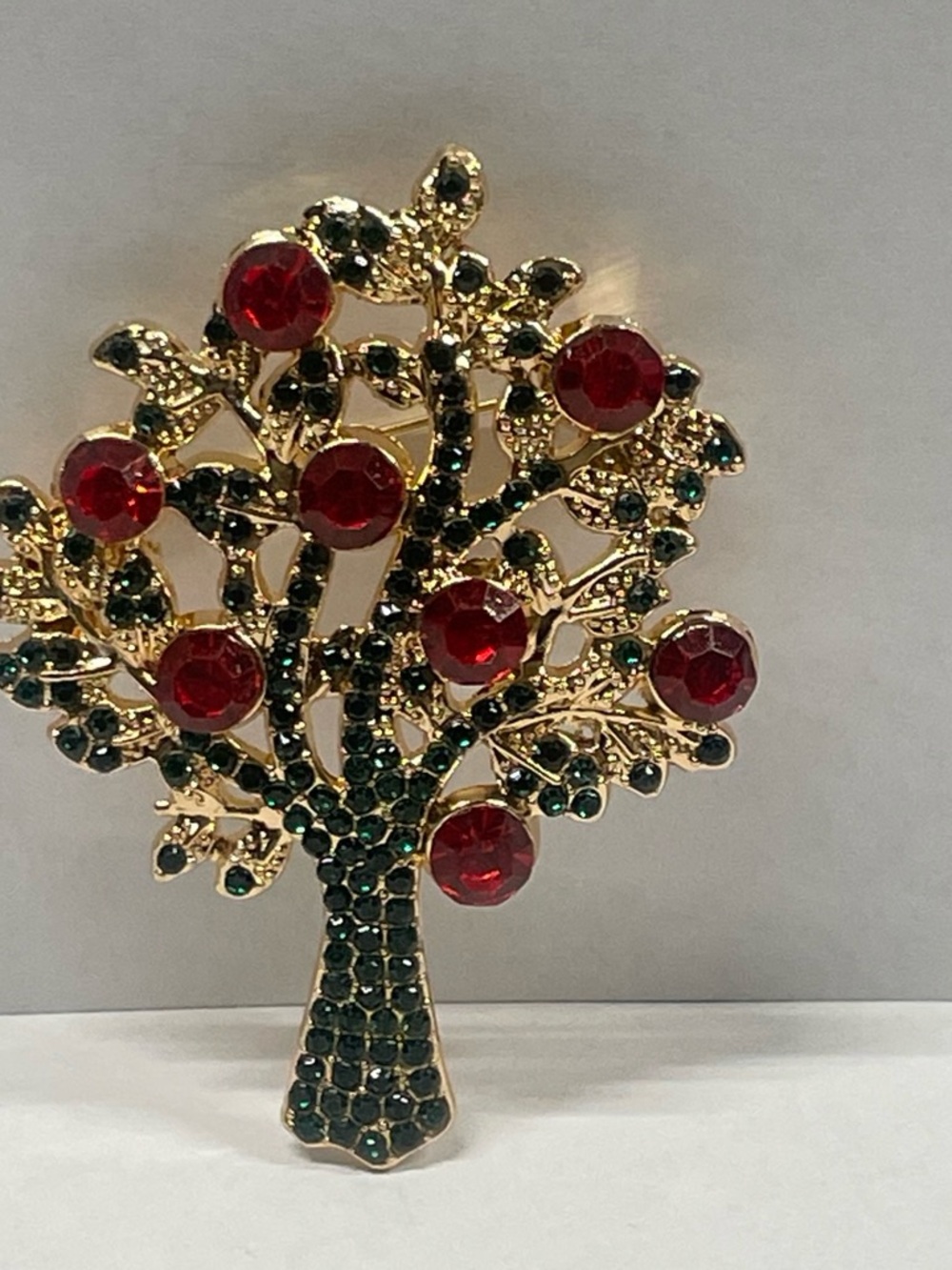 Gold Tree Brooch with Red and Green Crystals - Elegant Women’s Jewelry